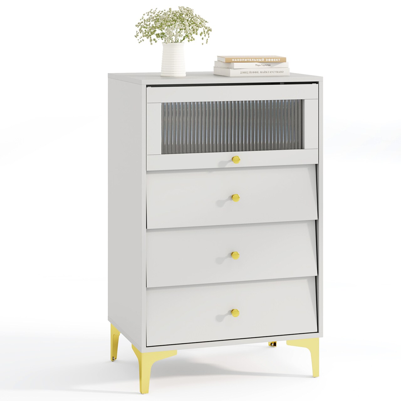 Grey-White Engineered Wood Glass Metal Storage Cabinet with Drawers